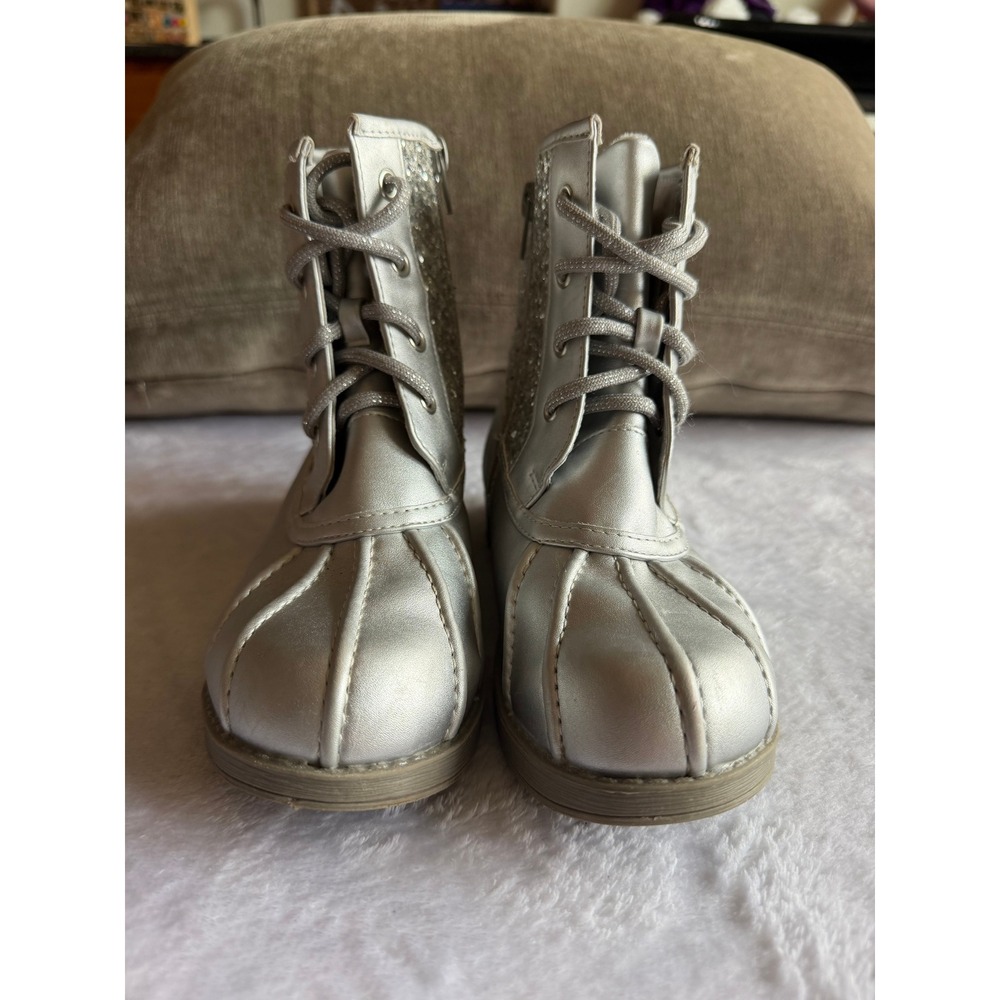 Dream Pairs Girls Silver Glitter Duck Boots Size 2 Youth Lace Up Side Zip